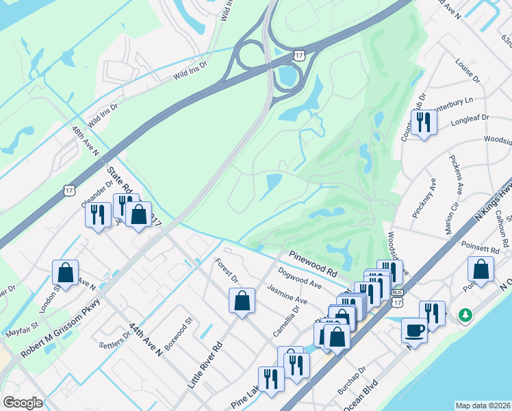 map of restaurants, bars, coffee shops, grocery stores, and more near 4866 Bermuda Way in Myrtle Beach
