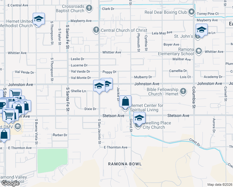map of restaurants, bars, coffee shops, grocery stores, and more near 26815 Jackie Drive in Hemet