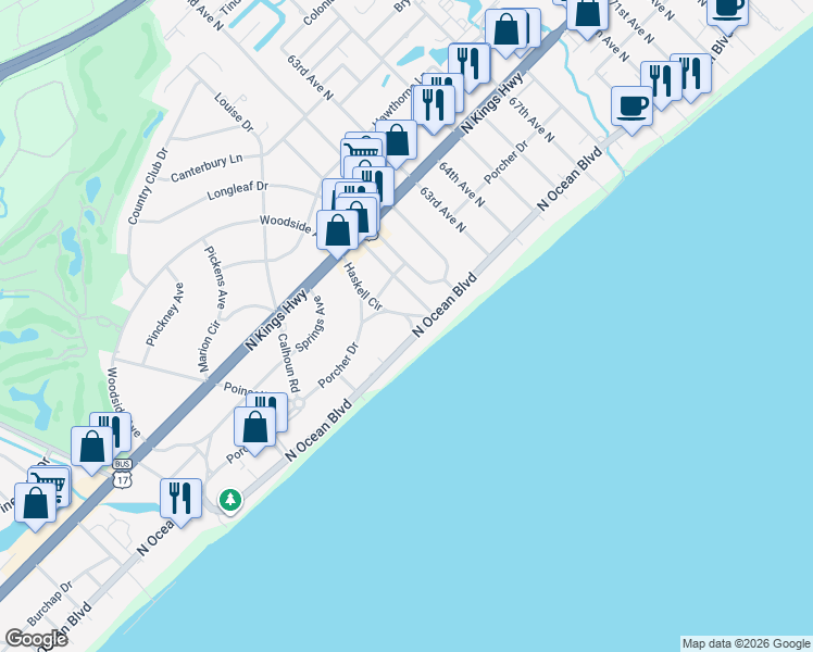 map of restaurants, bars, coffee shops, grocery stores, and more near 5730 Haskell Circle in Myrtle Beach