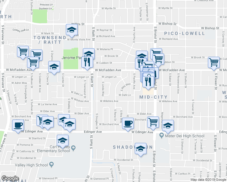 map of restaurants, bars, coffee shops, grocery stores, and more near 1210 South Rene Drive in Santa Ana