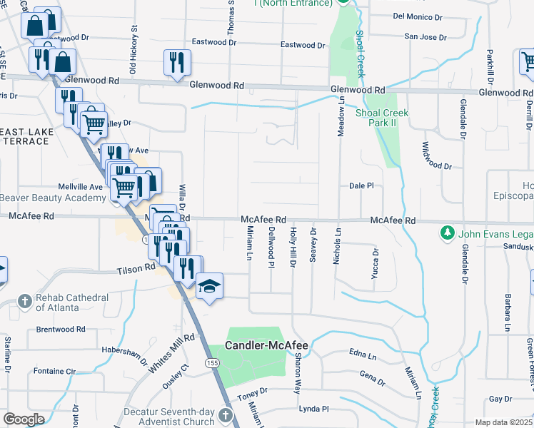 map of restaurants, bars, coffee shops, grocery stores, and more near 2802 McAfee Road in Decatur
