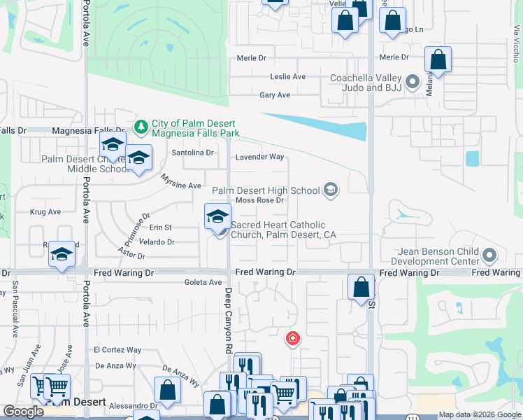 map of restaurants, bars, coffee shops, grocery stores, and more near 20 Paseo Montecillo in Palm Desert