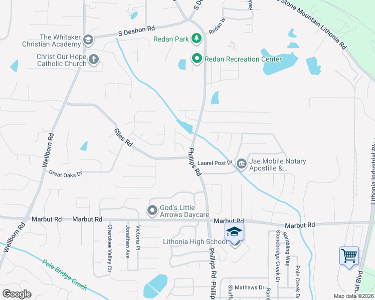 map of restaurants, bars, coffee shops, grocery stores, and more near 6260 Phillips Lake Cove in Lithonia