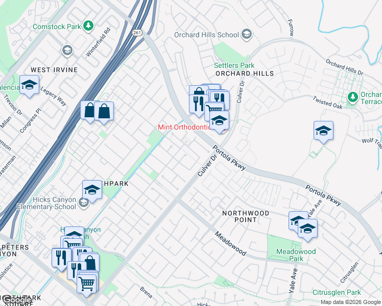 map of restaurants, bars, coffee shops, grocery stores, and more near 16 Monrovia in Irvine