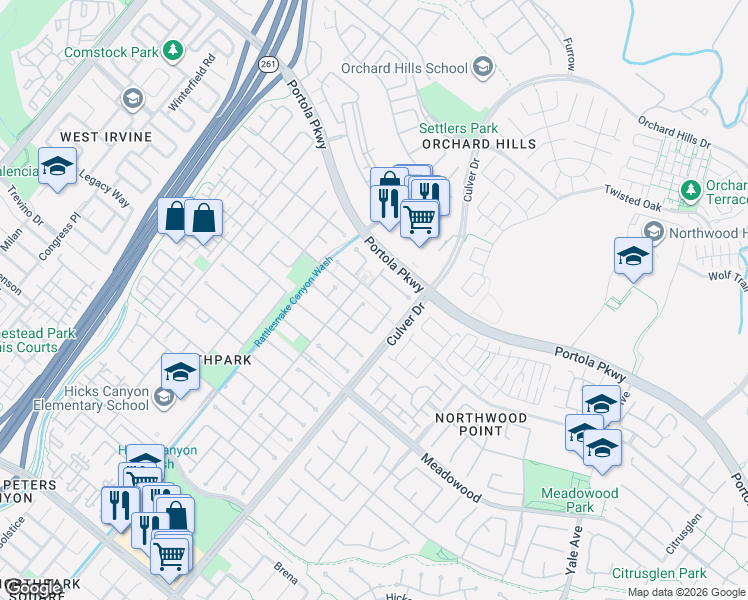 map of restaurants, bars, coffee shops, grocery stores, and more near 16 Monrovia in Irvine
