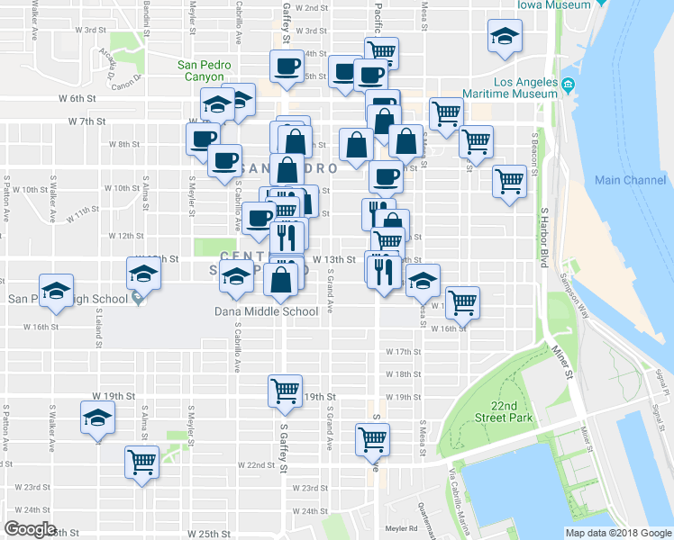 map of restaurants, bars, coffee shops, grocery stores, and more near 1316 South Grand Avenue in Los Angeles