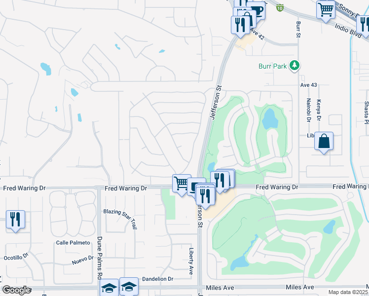 map of restaurants, bars, coffee shops, grocery stores, and more near 43625 Parkway Esplanade South in La Quinta