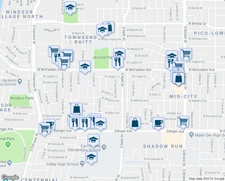 map of restaurants, bars, coffee shops, grocery stores, and more near 2010 West Edison Way in Santa Ana