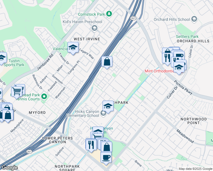 map of restaurants, bars, coffee shops, grocery stores, and more near 22 Apple Valley in Irvine