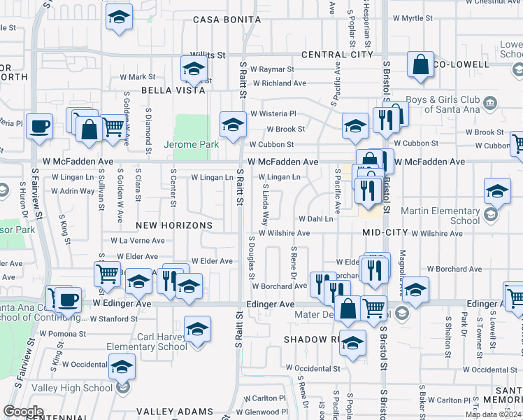 map of restaurants, bars, coffee shops, grocery stores, and more near 1222 South Linda Way in Santa Ana