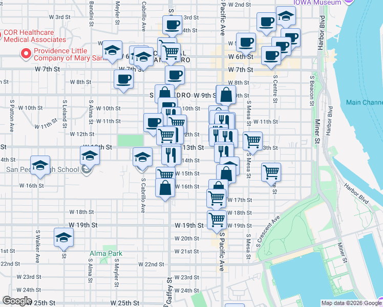 map of restaurants, bars, coffee shops, grocery stores, and more near 1311 South Grand Avenue in Los Angeles