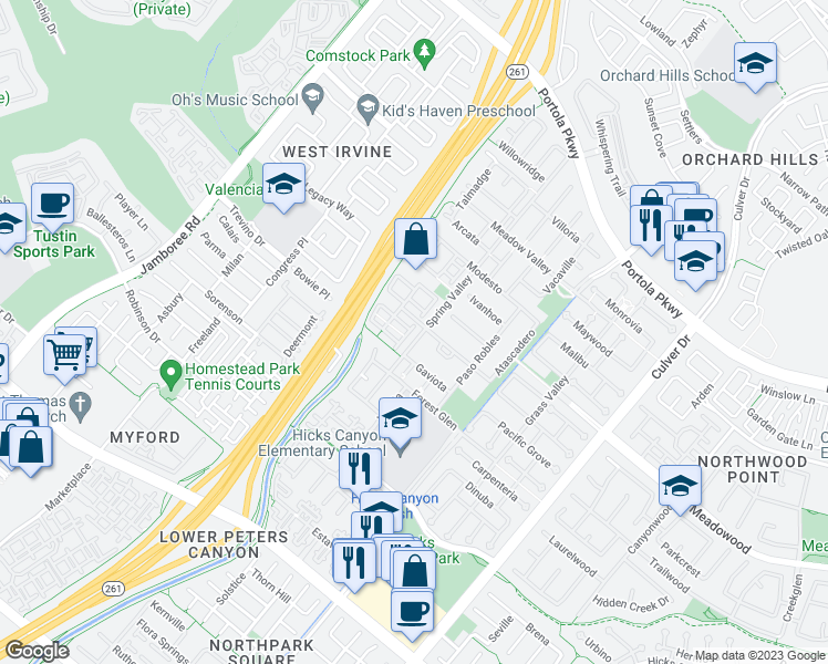 map of restaurants, bars, coffee shops, grocery stores, and more near 22 Apple Valley in Irvine