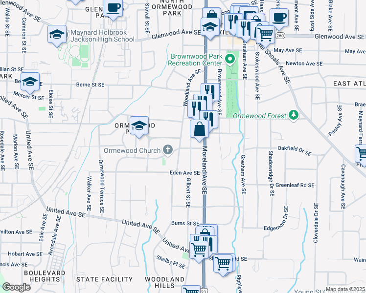 map of restaurants, bars, coffee shops, grocery stores, and more near 1112 Delaware Avenue Southeast in Atlanta