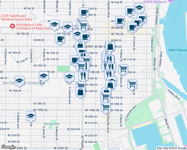 map of restaurants, bars, coffee shops, grocery stores, and more near 1311 South Grand Avenue in Los Angeles