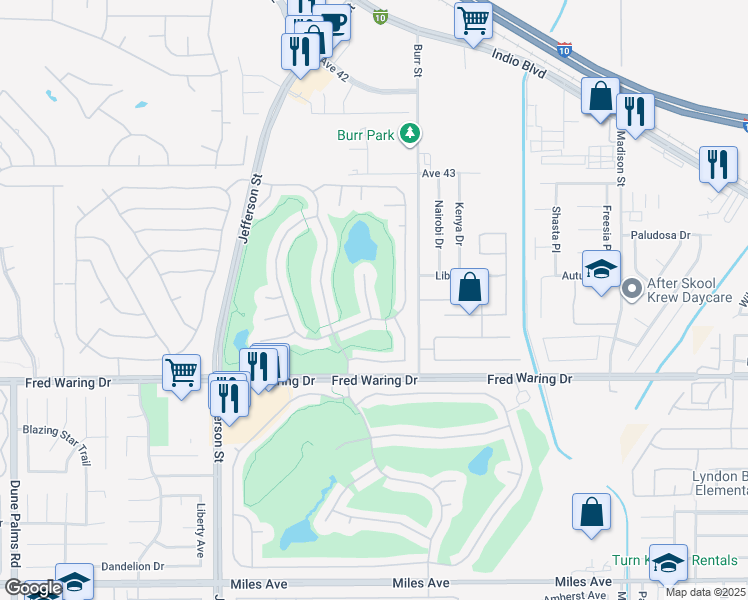 map of restaurants, bars, coffee shops, grocery stores, and more near 43686 Old Troon Court in Indio