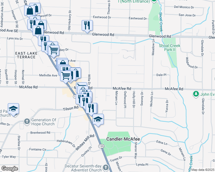 map of restaurants, bars, coffee shops, grocery stores, and more near 2746 McAfee Road in Decatur