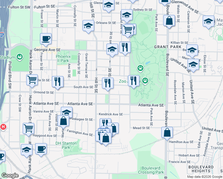 map of restaurants, bars, coffee shops, grocery stores, and more near 822 Grant Street Southeast in Atlanta