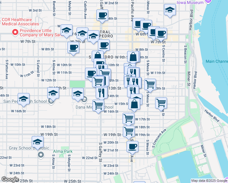 map of restaurants, bars, coffee shops, grocery stores, and more near 1311 South Grand Avenue in Los Angeles