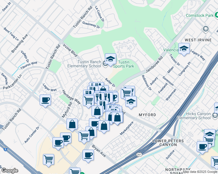 map of restaurants, bars, coffee shops, grocery stores, and more near in Tustin