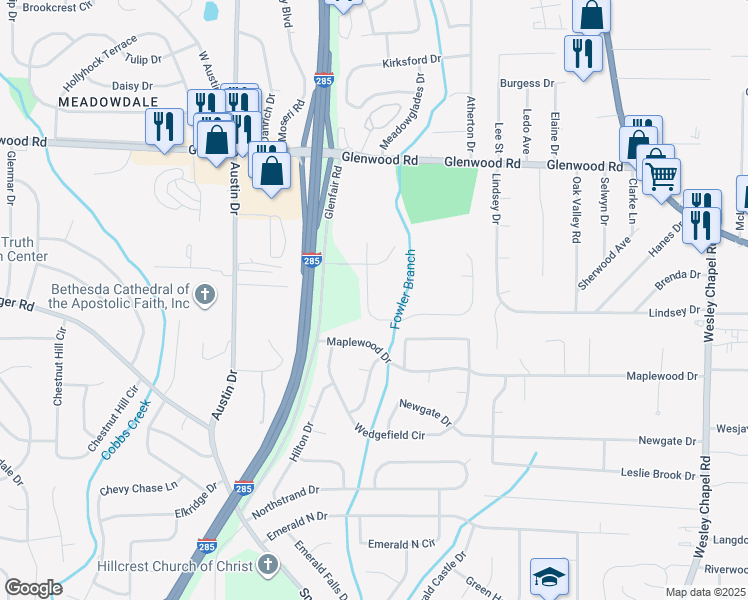 map of restaurants, bars, coffee shops, grocery stores, and more near 1990 Glenwood Downs Drive in Decatur