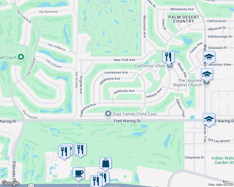 map of restaurants, bars, coffee shops, grocery stores, and more near 76761 Kentucky Avenue in Palm Desert
