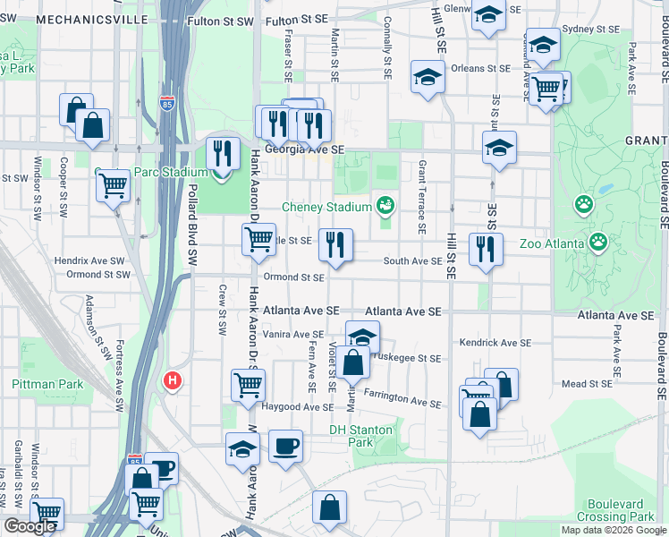 map of restaurants, bars, coffee shops, grocery stores, and more near 828 Martin Street Southeast in Atlanta