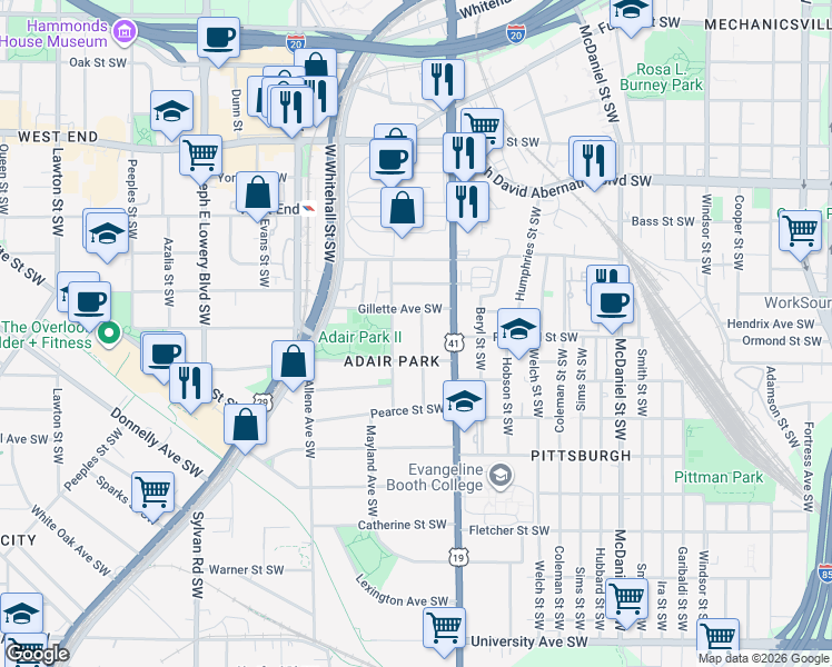 map of restaurants, bars, coffee shops, grocery stores, and more near 841 Oakhill Avenue Southwest in Atlanta