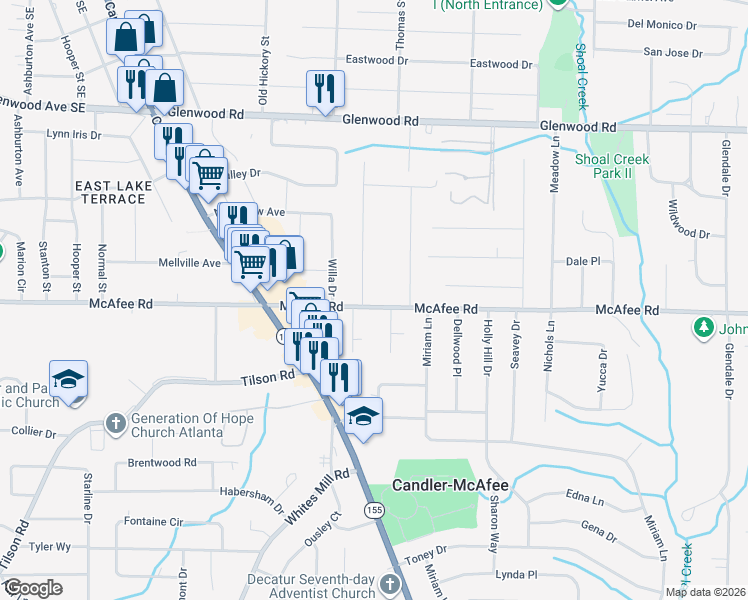 map of restaurants, bars, coffee shops, grocery stores, and more near 2722 McAfee Rd in Decatur