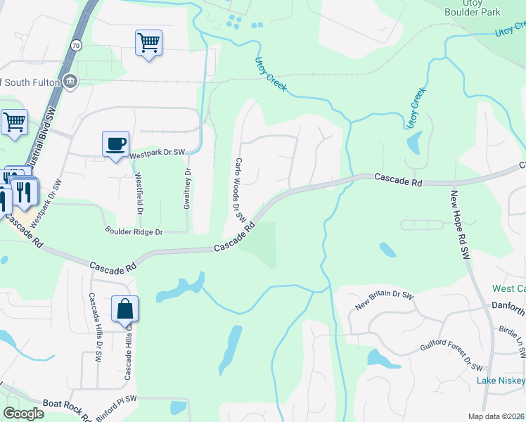 map of restaurants, bars, coffee shops, grocery stores, and more near 5215 Cascade Rd in Atlanta