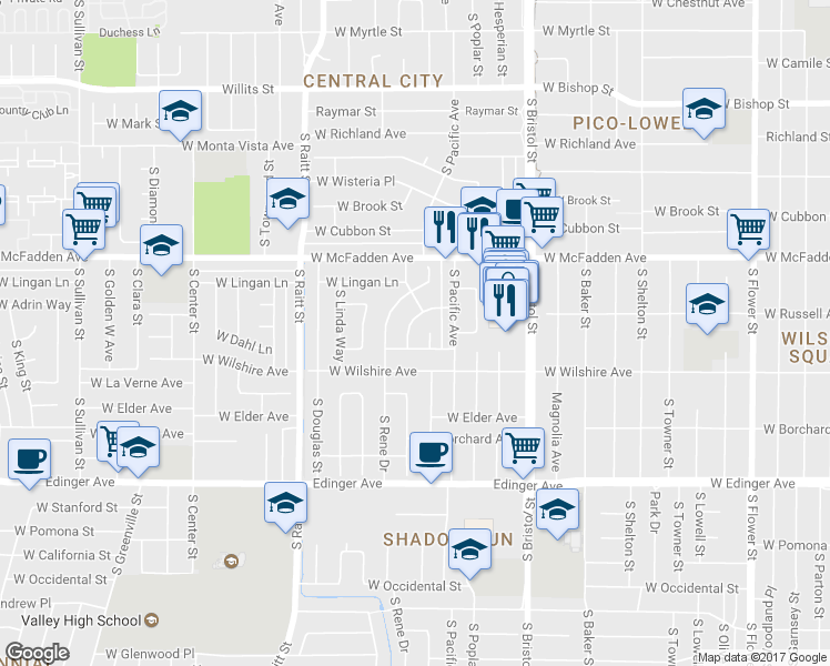 map of restaurants, bars, coffee shops, grocery stores, and more near 1207 South Rita Way in Santa Ana