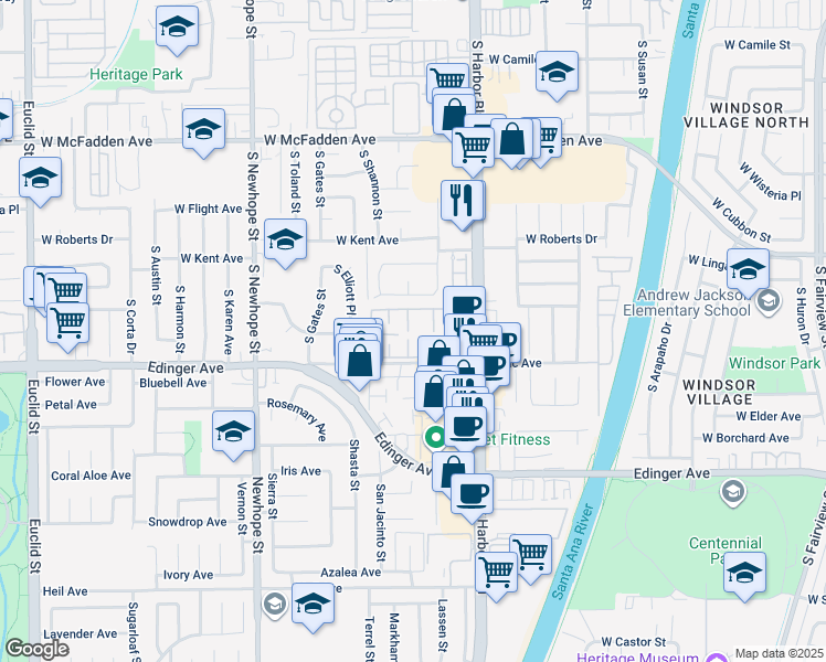 map of restaurants, bars, coffee shops, grocery stores, and more near 15920 Logan Court in Fountain Valley