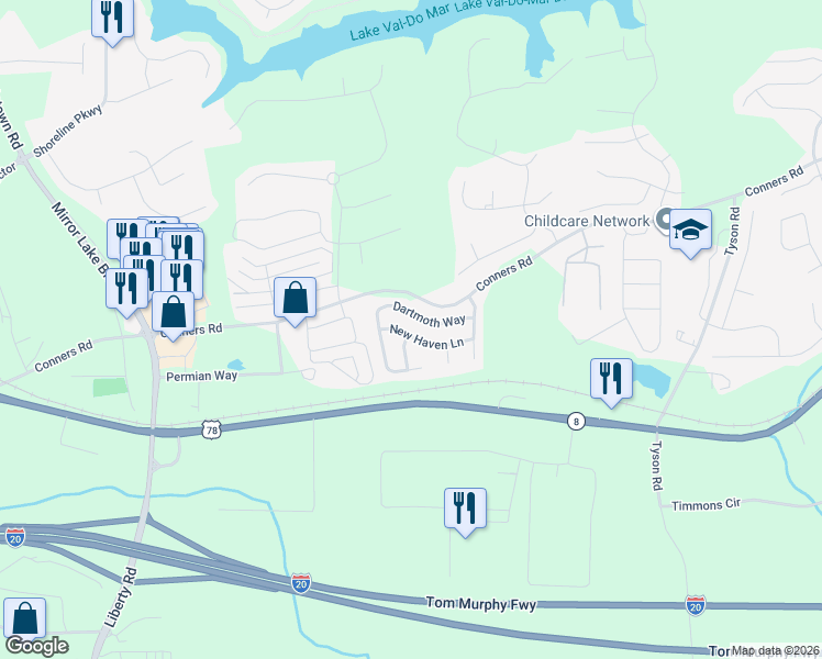 map of restaurants, bars, coffee shops, grocery stores, and more near 3018 New Haven Lane in Villa Rica