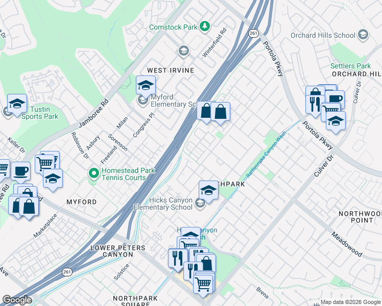 map of restaurants, bars, coffee shops, grocery stores, and more near 9 Mineral King in Irvine