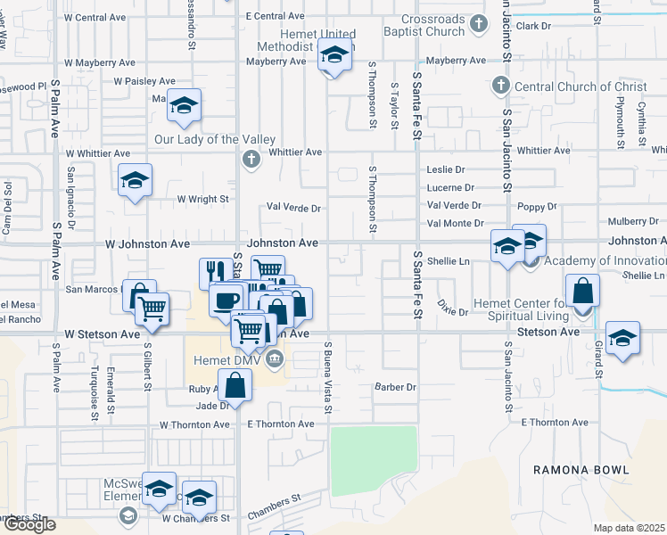 map of restaurants, bars, coffee shops, grocery stores, and more near 506 Montecito Avenue in Hemet