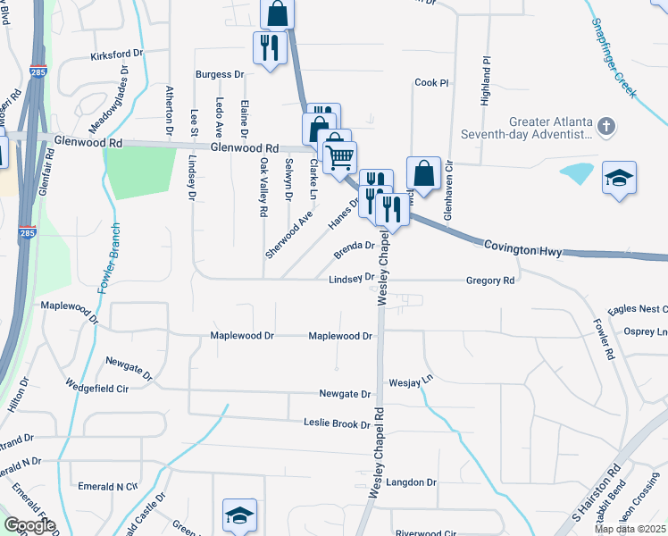 map of restaurants, bars, coffee shops, grocery stores, and more near 4119 Brenda Drive in Decatur
