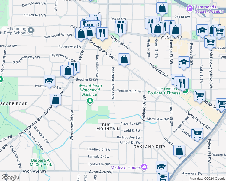 map of restaurants, bars, coffee shops, grocery stores, and more near Westboro Drive Southwest in Atlanta