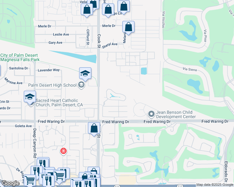 map of restaurants, bars, coffee shops, grocery stores, and more near Palm Lake Drive in Palm Desert