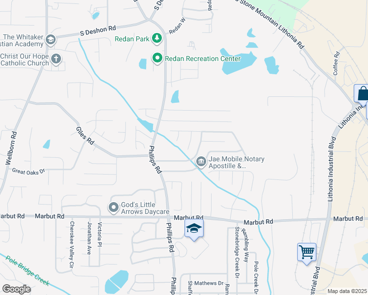 map of restaurants, bars, coffee shops, grocery stores, and more near 1971 Longwood Court in Lithonia
