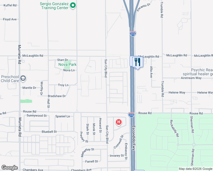 map of restaurants, bars, coffee shops, grocery stores, and more near Sun City Boulevard in Menifee