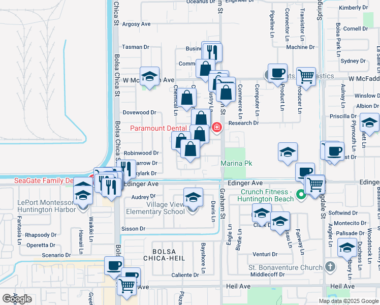 map of restaurants, bars, coffee shops, grocery stores, and more near 5361 Production Dr in Huntington Beach