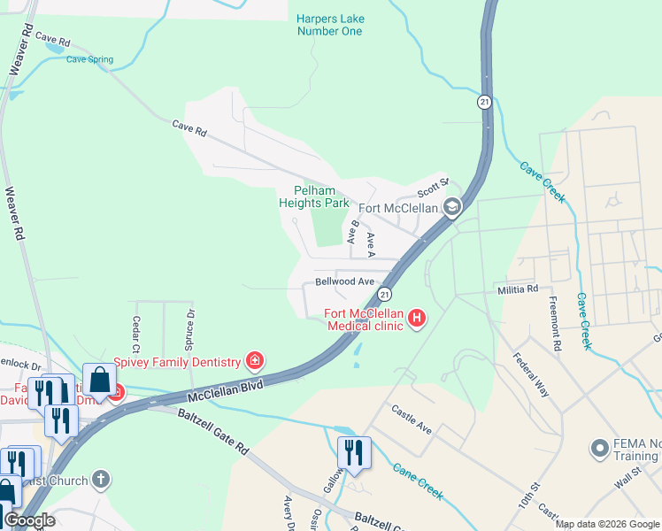 map of restaurants, bars, coffee shops, grocery stores, and more near 1ST Crest Avenue in Anniston