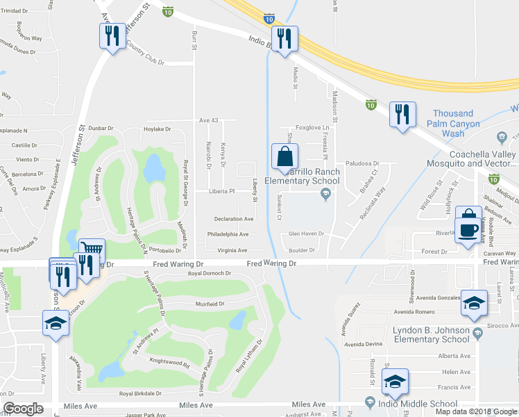 map of restaurants, bars, coffee shops, grocery stores, and more near 43872 Liberty Street in Indio