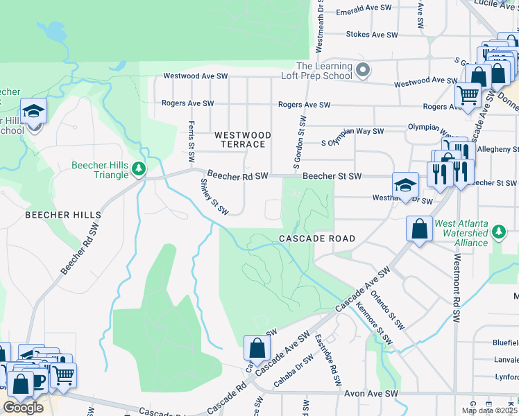 map of restaurants, bars, coffee shops, grocery stores, and more near 930 Beecher Court Southwest in Atlanta