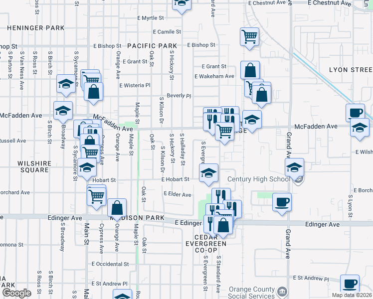 map of restaurants, bars, coffee shops, grocery stores, and more near 1241 South Halladay Street in Santa Ana
