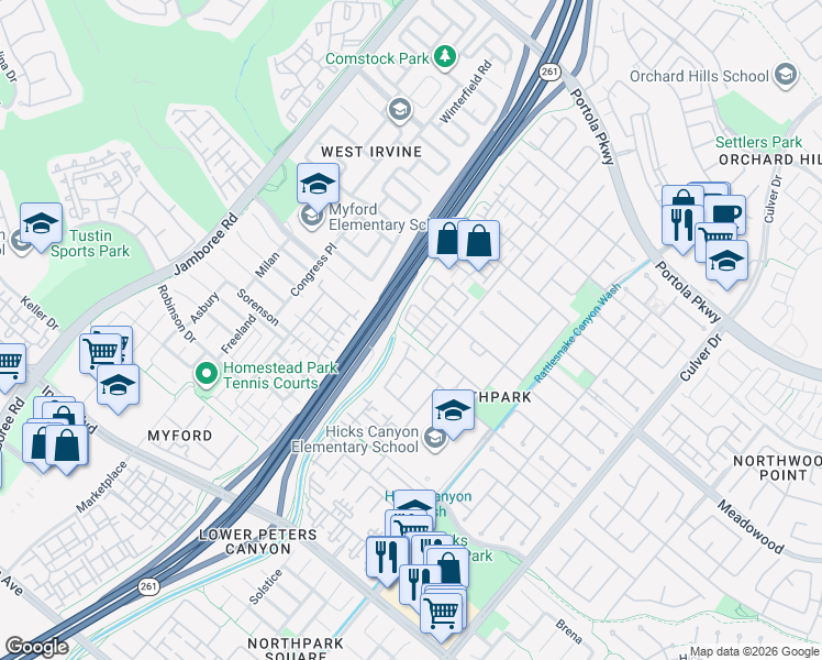 map of restaurants, bars, coffee shops, grocery stores, and more near 16 Mineral King in Irvine