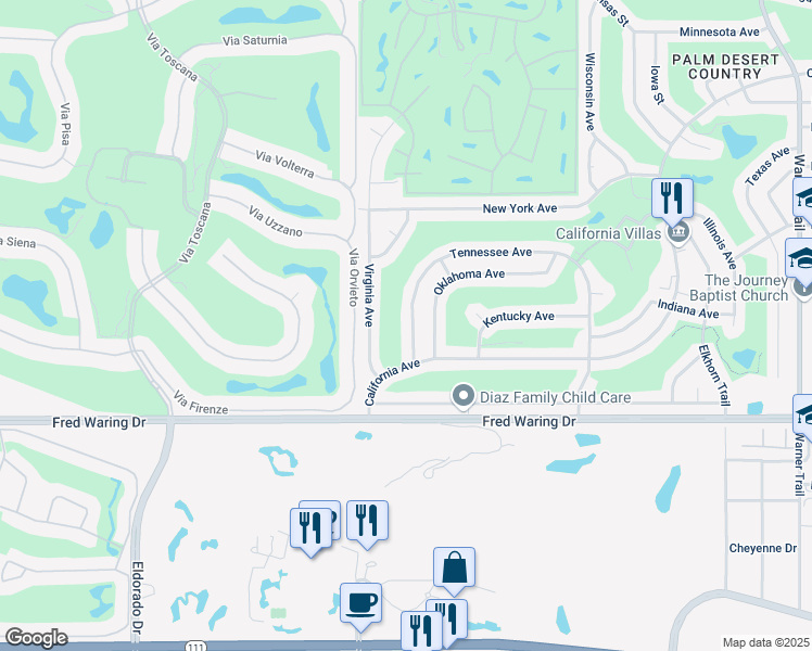 map of restaurants, bars, coffee shops, grocery stores, and more near 42230 Tennessee Avenue in Palm Desert