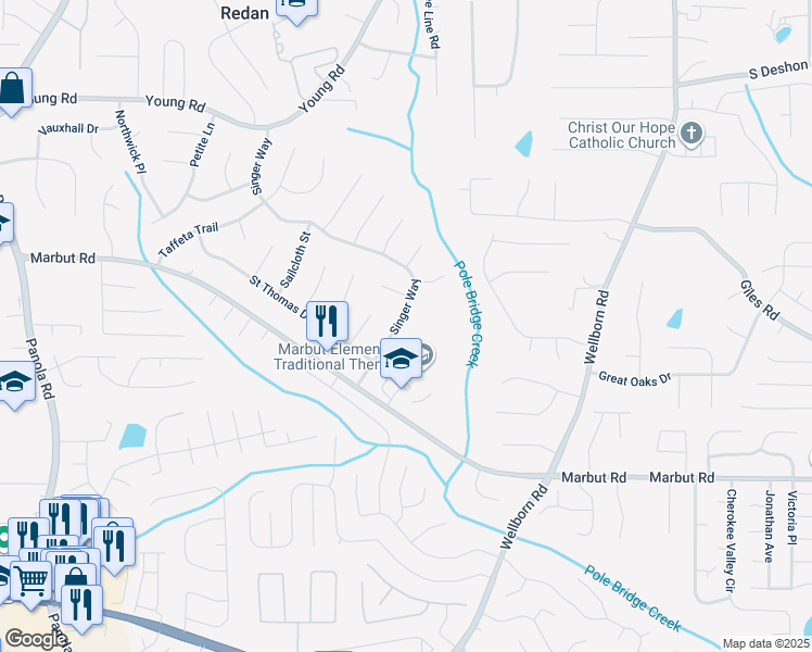 map of restaurants, bars, coffee shops, grocery stores, and more near 2080 Singer Way in Lithonia