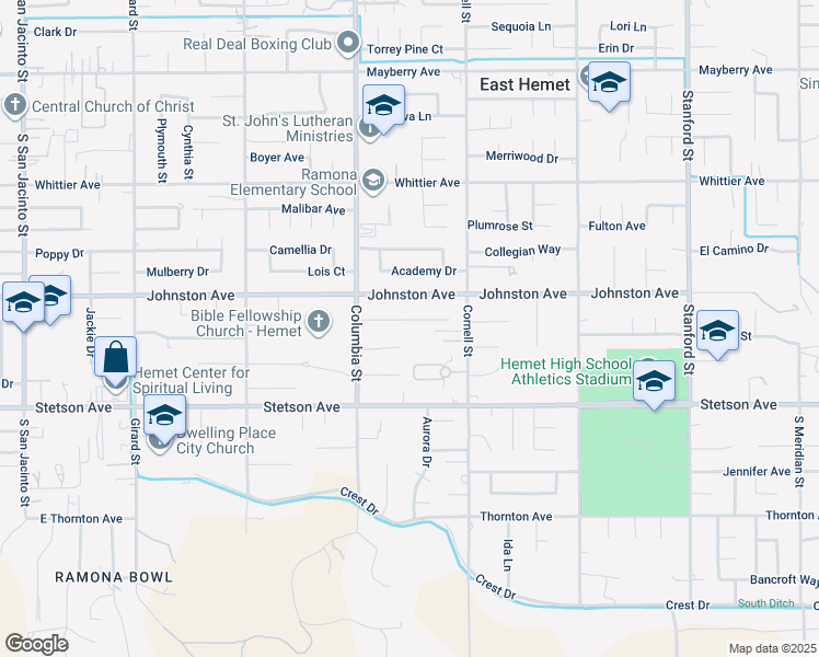 map of restaurants, bars, coffee shops, grocery stores, and more near 41165 Sunset Lane in Hemet