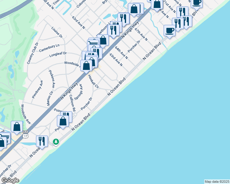 map of restaurants, bars, coffee shops, grocery stores, and more near 6000 North Ocean Boulevard in Myrtle Beach