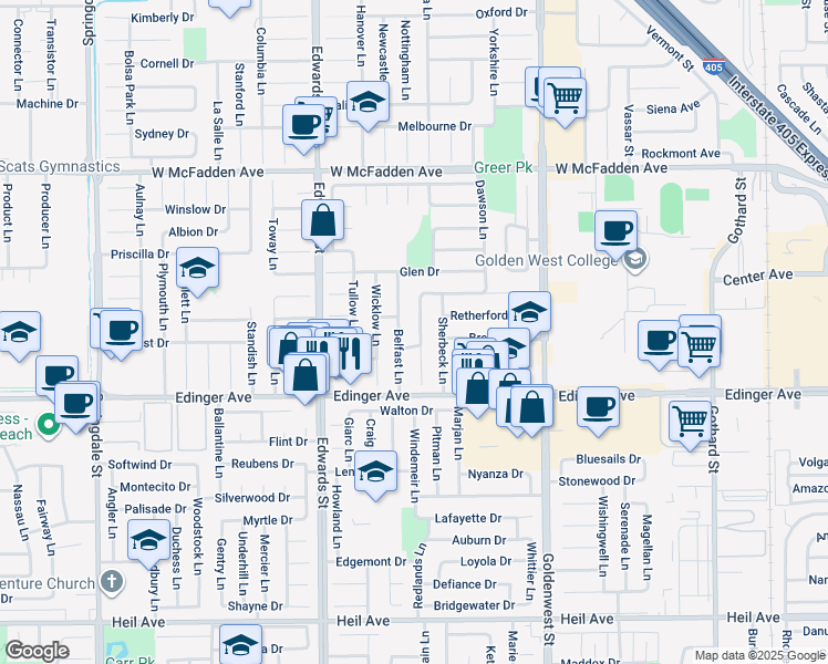 map of restaurants, bars, coffee shops, grocery stores, and more near 15851 Dundalk Lane in Huntington Beach